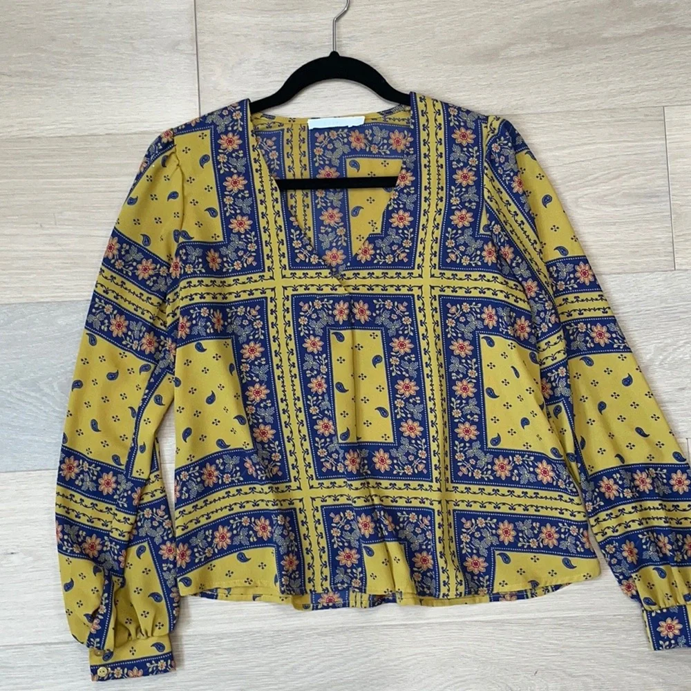 Blouse Yellow & Blue Floral & Paisley+Sz S - Picture 4 of 8